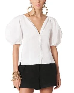 Carolina Herrera V-Neck Shirred Puff Sleeve Cropped Top Women
