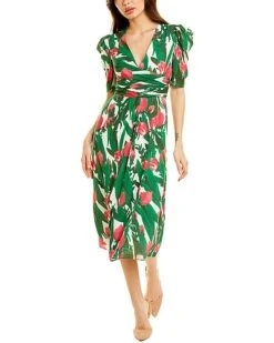 Carolina Herrera Puff Sleeve V-Neck Silk Dress Women