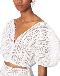 Carolina Herrera Embroidered V-Neck Shirred Puff Sleeve Top Women